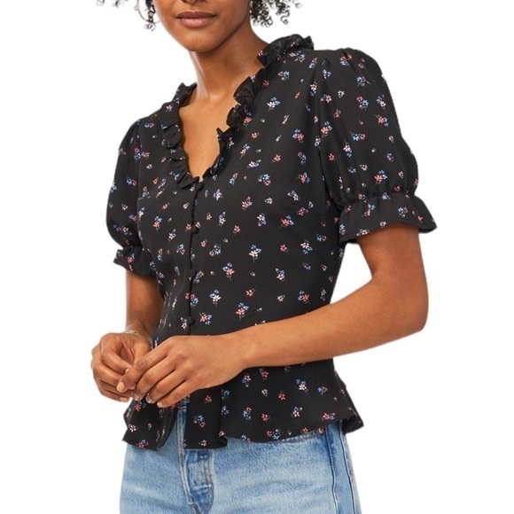 1.State Floral Print Puff Sleeve Shirt Black Large New - Picture 1 of 7